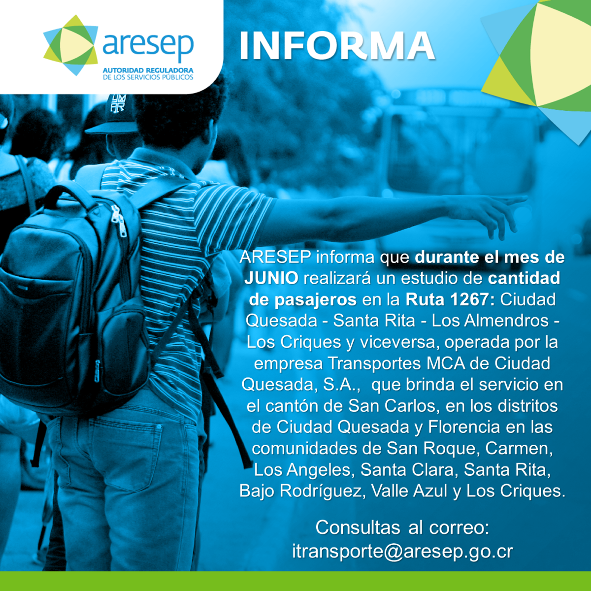 ARESEP realizará estudio de pasajeros en Ciudad Quesada y Florencia