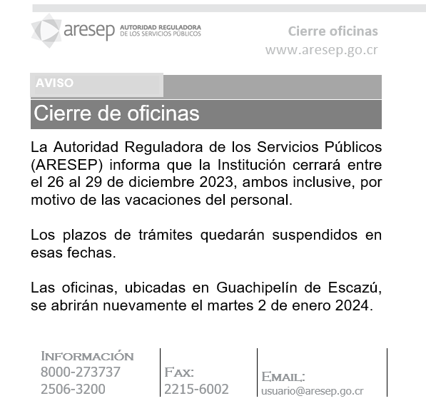 Cierre de oficinas por vacaciones