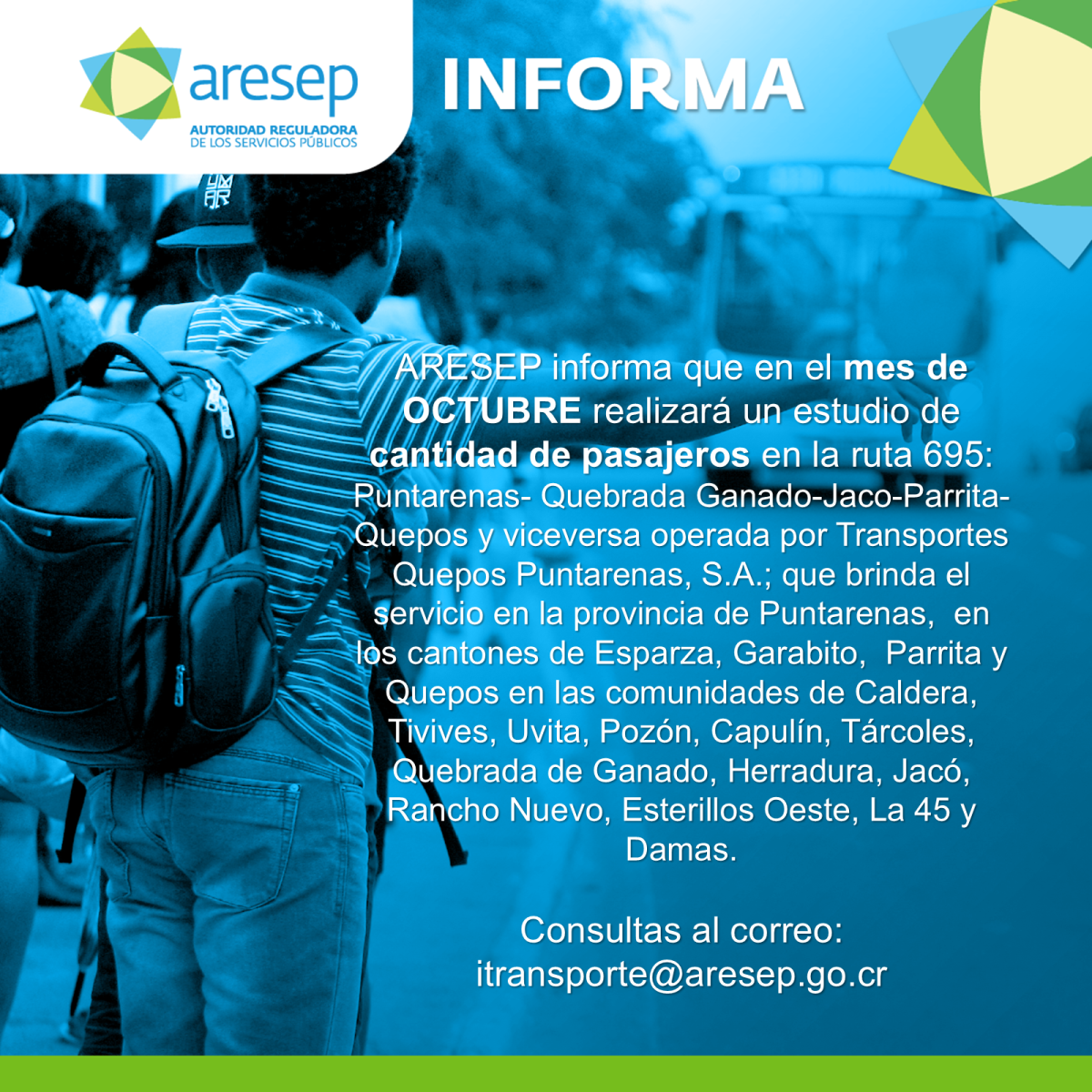 ARESEP realizará conteo de pasajeros en ruta 695