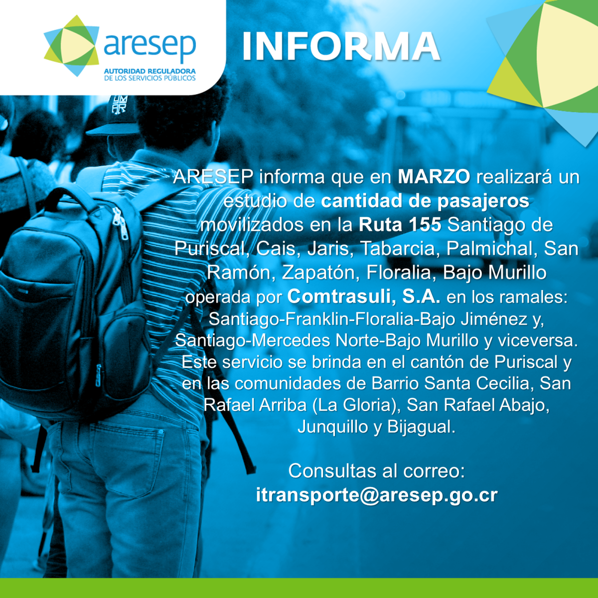ARESEP realizará estudio de cantidad de pasajeros en la ruta 155