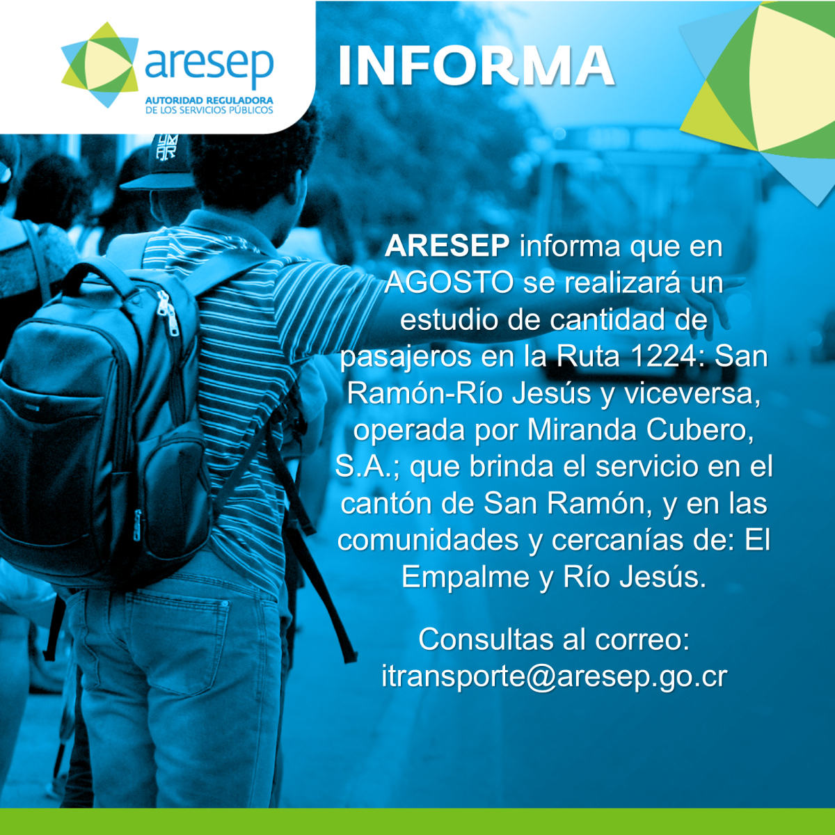 ARESEP realizará estudio de cantidad de pasajeros en ruta 1224