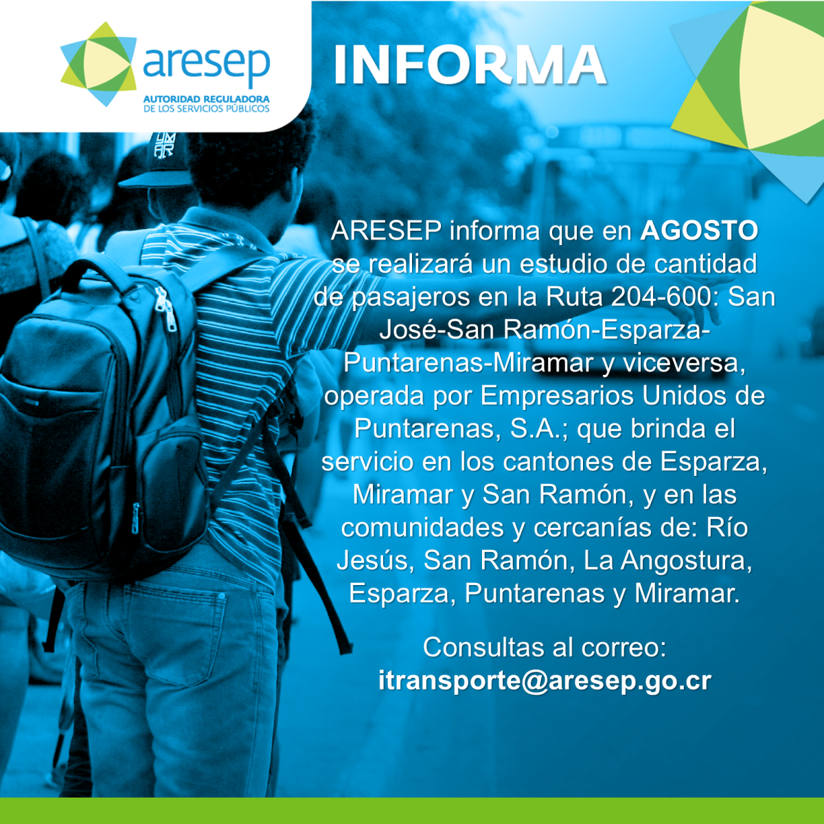 ARESEP realizará conteo de pasajeros  en Ruta 204-600