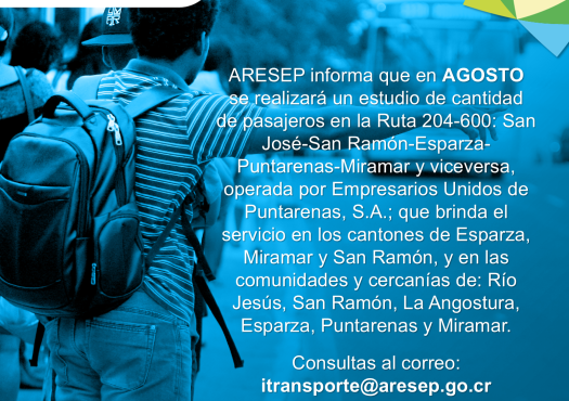 ARESEP realizará conteo de pasajeros  en Ruta 204-600