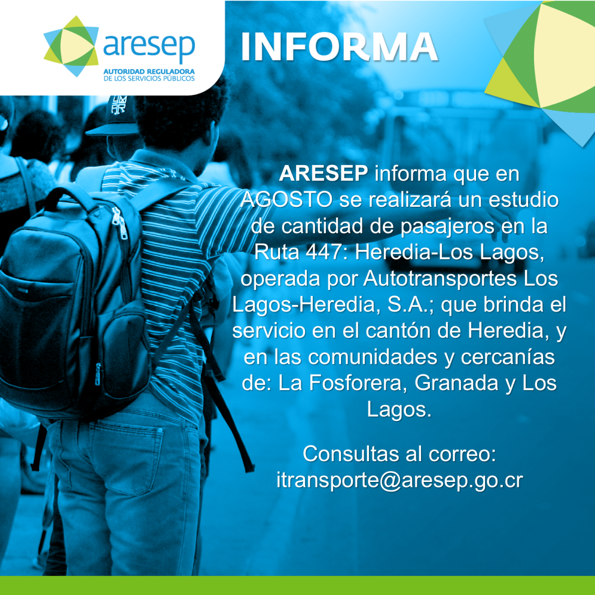 ARESEP realizará estudio de cantidad de pasajeros en ruta 447