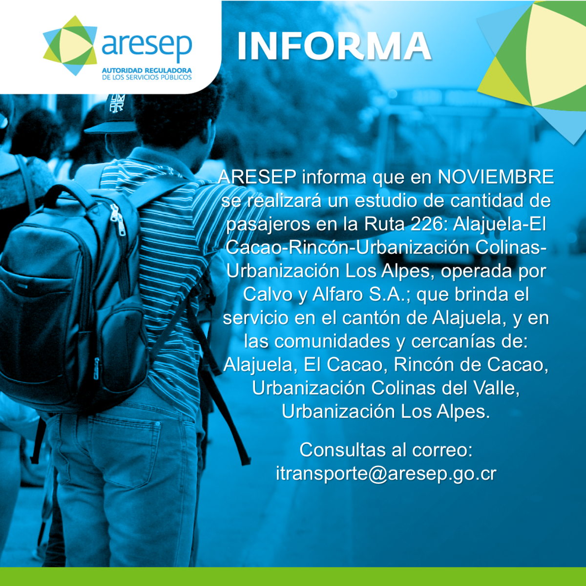ARESEP realizará estudio de cantidad de pasajeros El Cacao