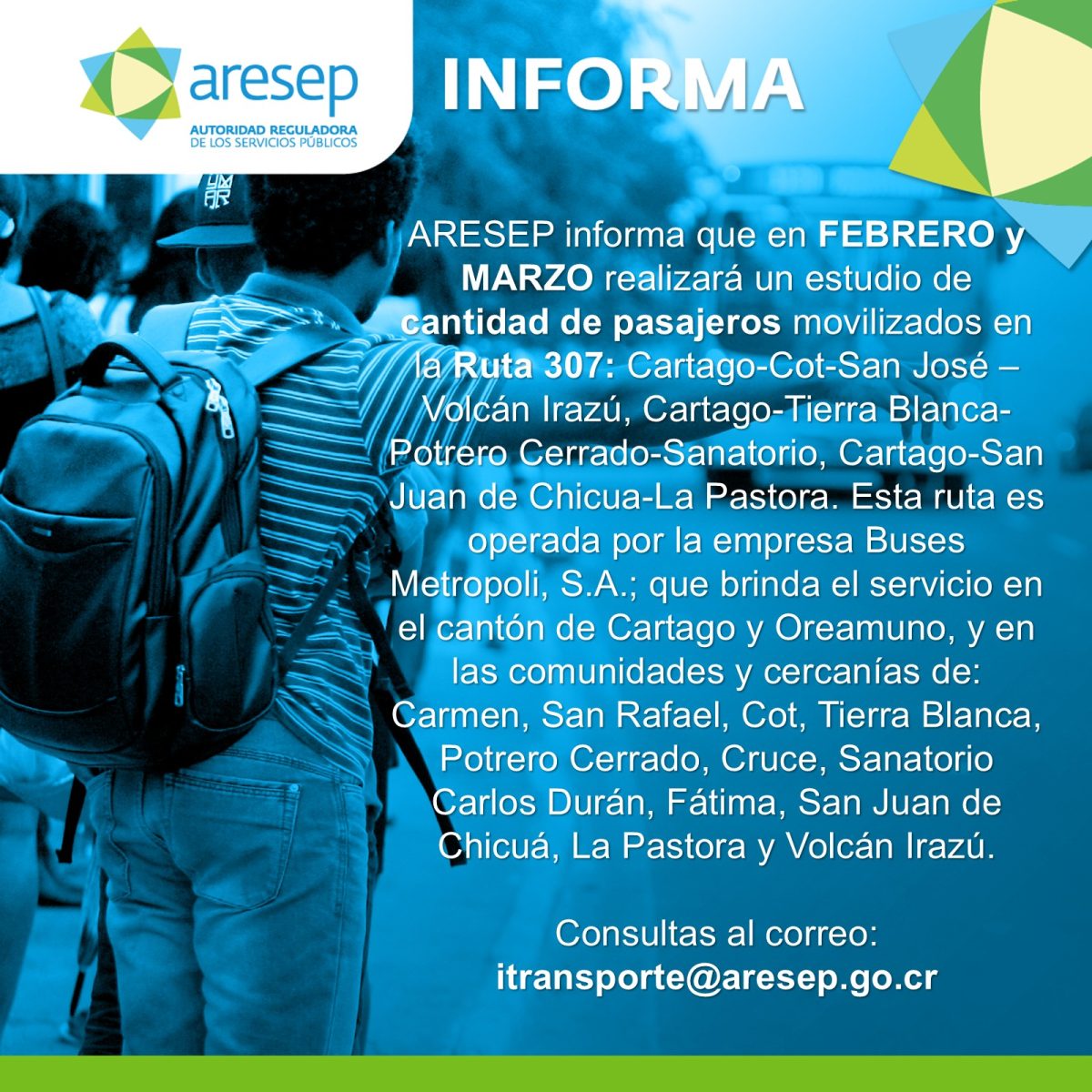 ARESEP realizará estudio de pasajeros en la ruta 307