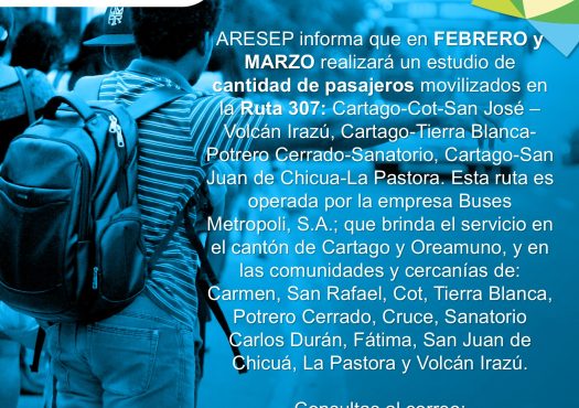 ARESEP realizará estudio de pasajeros en la ruta 307